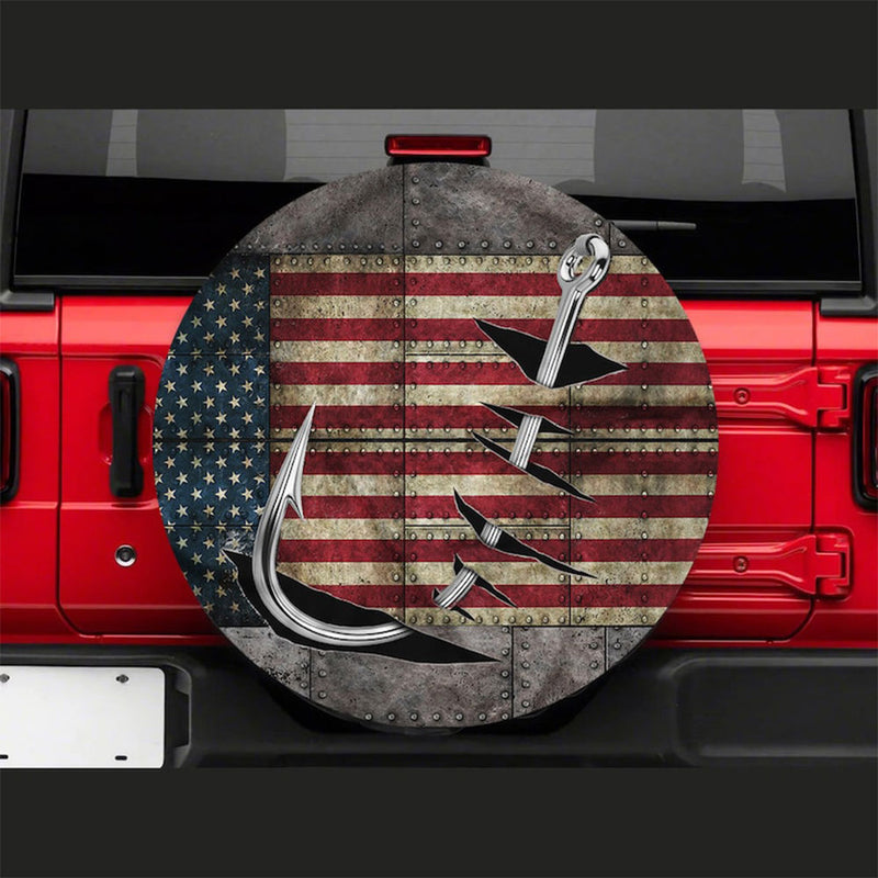 Fishing Hook, American Flag Car Spare Tire Cover Gift For Campers Nearkii