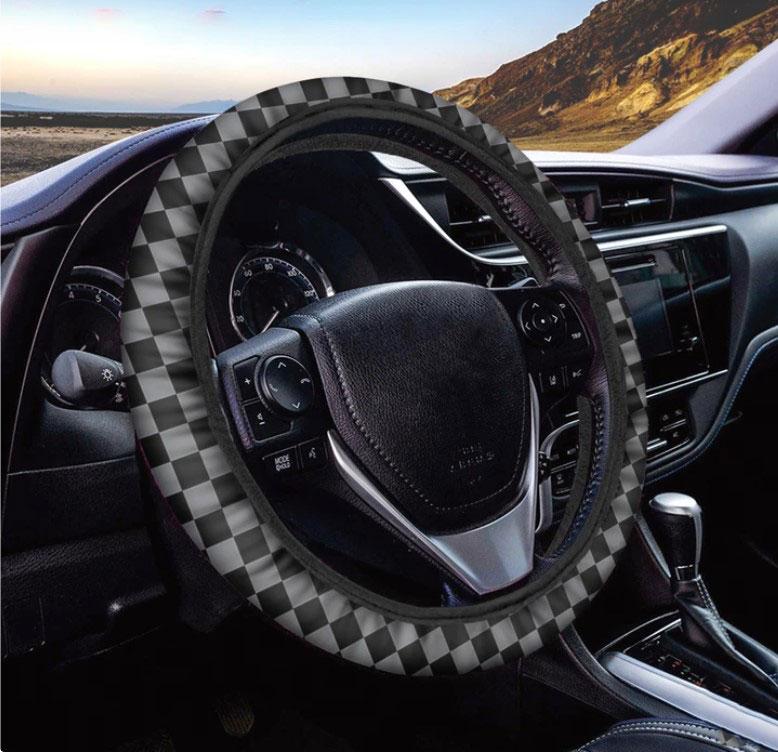 Grey And Black Checkered Pattern Print Car Steering Wheel Cover Nearkii