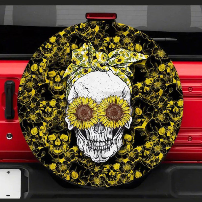Sunflower Girl Skull Hippie Car Spare Tire Cover Gift For Campers Nearkii