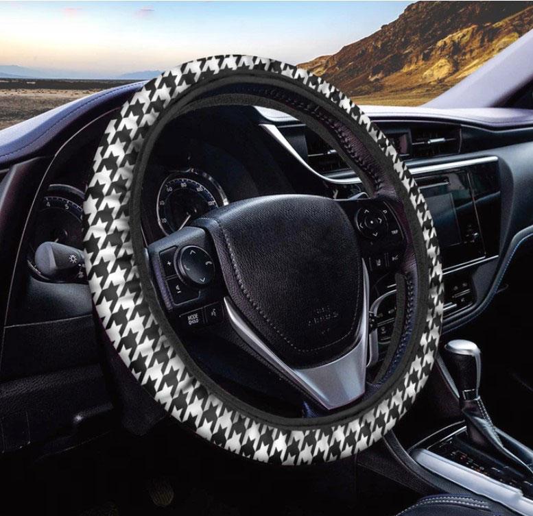 Black And White Houndstooth Print Car Steering Wheel Cover Nearkii