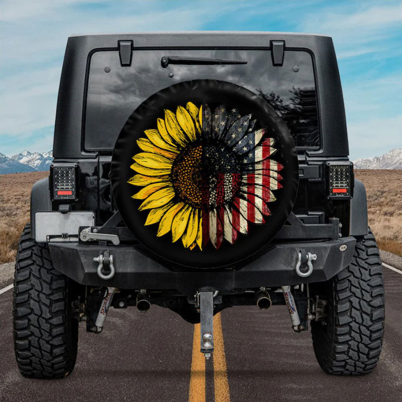 American Flag With Art Sunflower Car Spare Tire Cover Gift For Campers Nearkii