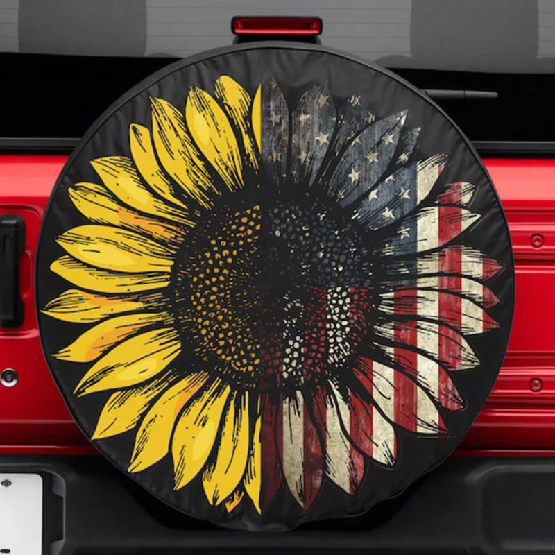 American Flag With Art Sunflower Car Spare Tire Cover Gift For Campers Nearkii