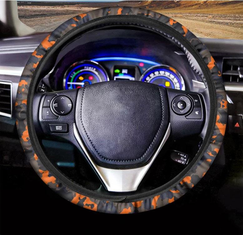 Black And Orange Camouflage Print Car Steering Wheel Cover Nearkii