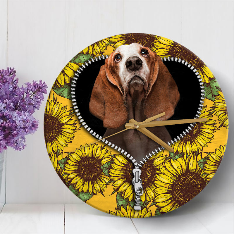 Basset Hound Sunflower Zipper Wood Wall Clock Nearkii