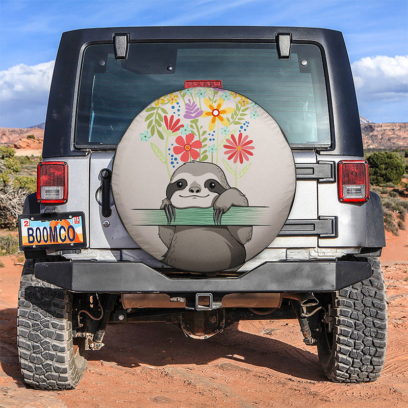 Cute Sloth Flowers Car Spare Tire Covers Gift For Campers Nearkii