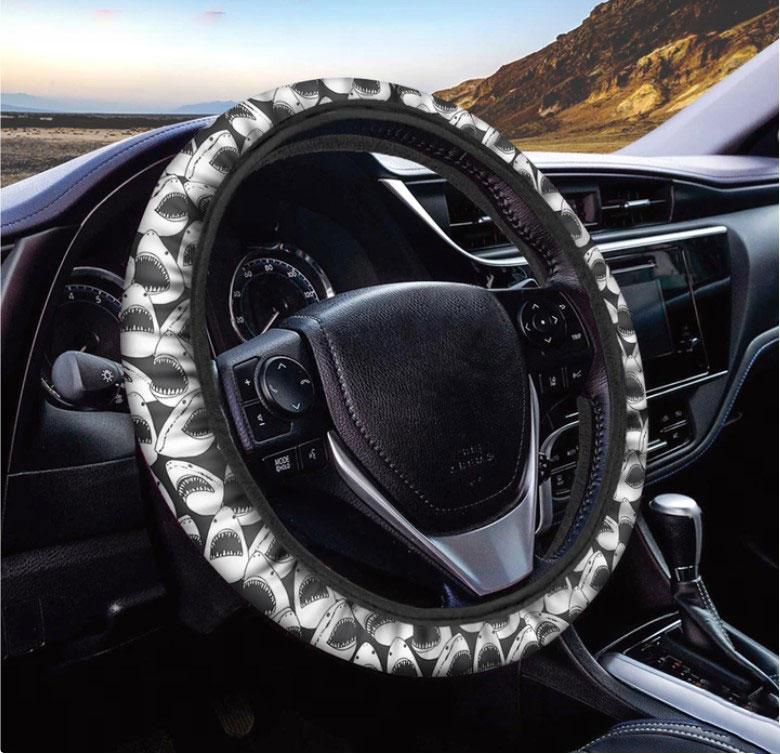 White And Grey Shark Pattern Print Car Steering Wheel Cover Nearkii