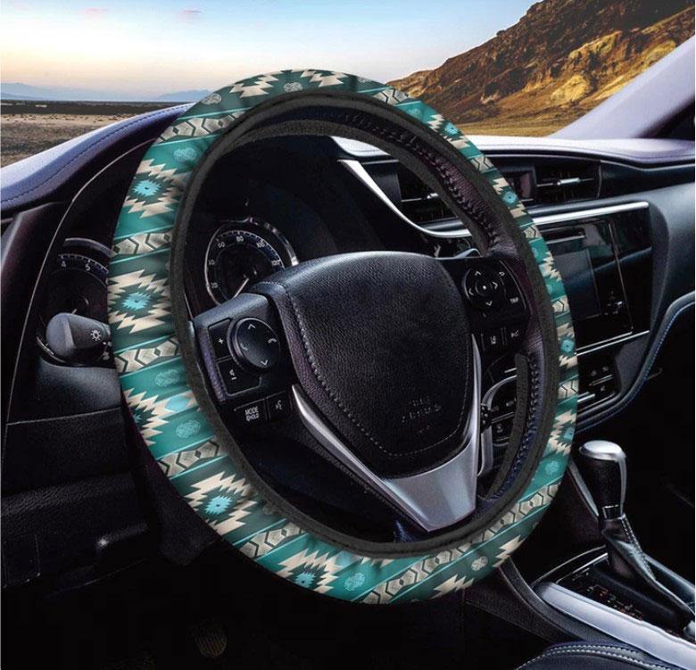 Teal Southwestern Navajo Pattern Print Car Steering Wheel Cover Nearkii