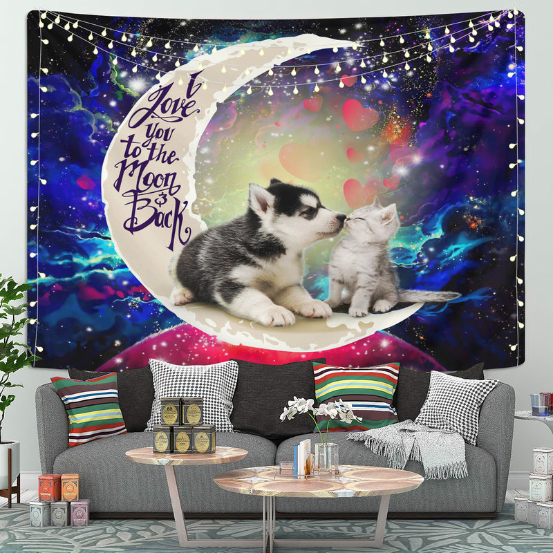 Cute Couple Husky And Cat Love You To The Moon Galaxy Tapestry Room Decor Nearkii