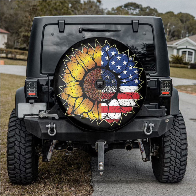 Sunflower American Flag Holiday Car Spare Tire Cover Gift For Campers Nearkii
