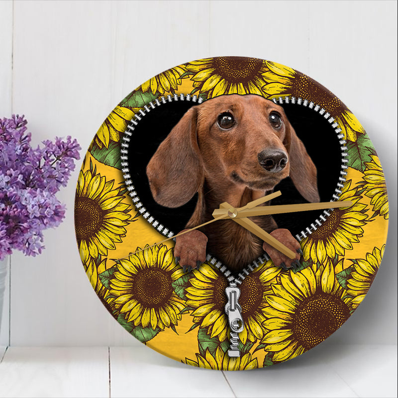 Brown Dachshund Sunflower Zipper Wood Wall Clock Nearkii