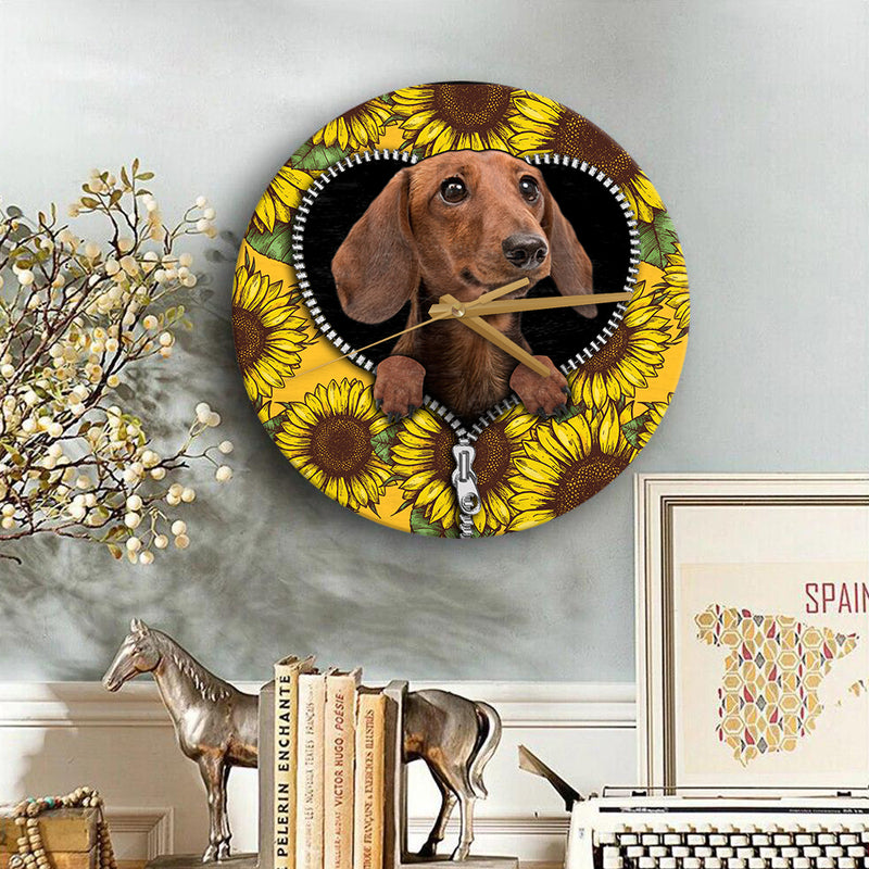 Brown Dachshund Sunflower Zipper Wood Wall Clock Nearkii