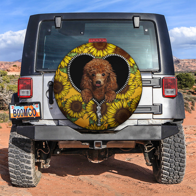 Cute Dog Poodle Sunflower Zipper Car Spare Tire Covers Gift For Campers Nearkii