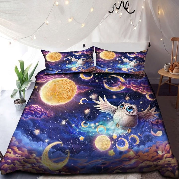 Galaxy Owl And Moon Bedding Set Duvet Cover And 2 Pillowcases Nearkii