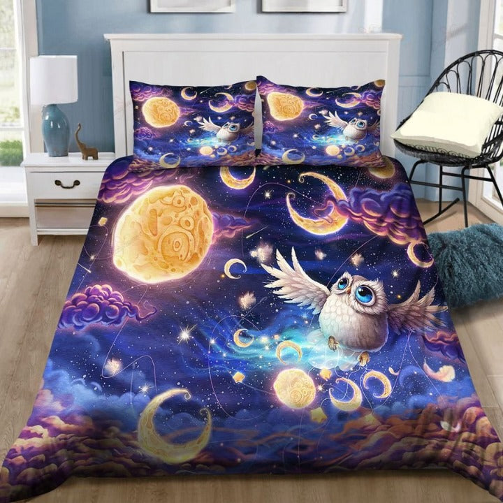 Galaxy Owl And Moon Bedding Set Duvet Cover And 2 Pillowcases Nearkii
