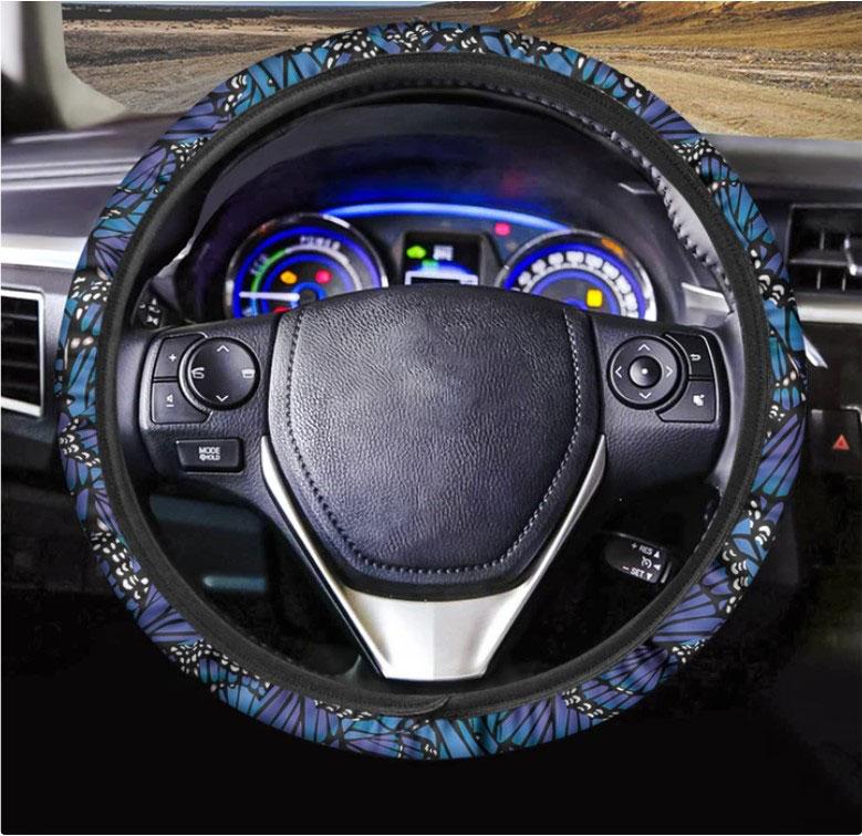 Blue Monarch Butterfly Wings Print Car Steering Wheel Cover Nearkii