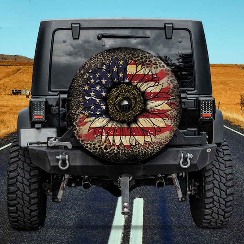 Sunflower America Flag Jeep Car Spare Tire Cover Gift For Campers Nearkii