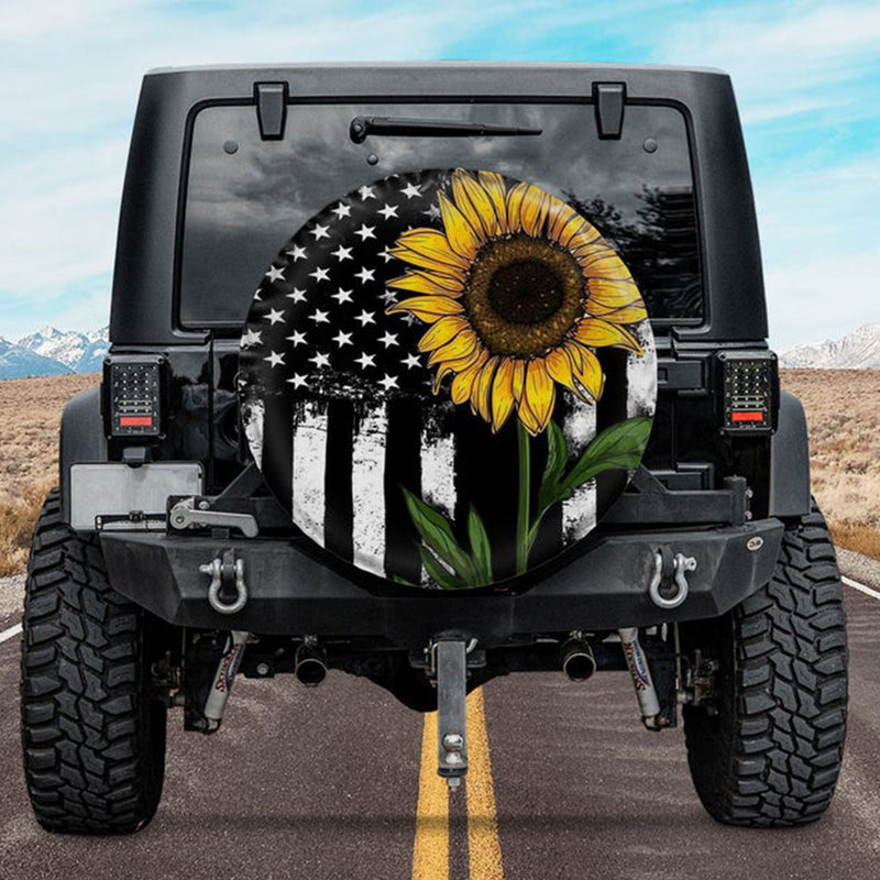 Sunflower American Flag Custom Jeep Car Spare Tire Cover Gift For Campers Nearkii