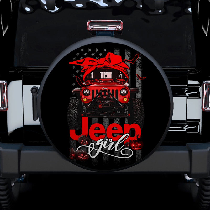 Halloween American Flag Red Jeep Girl Car Spare Tire Covers Gift For Campers Nearkii