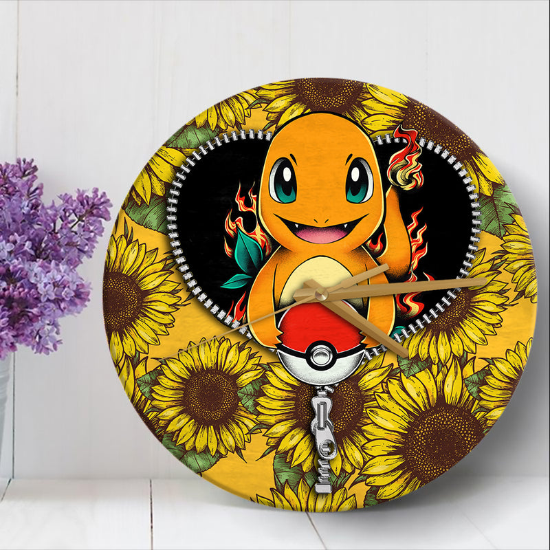 Charmander Pokemon Sunflower Zipper Wood Wall Clock Nearkii