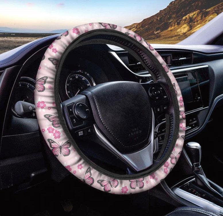 Pink Monarch Butterfly Pattern Print Car Steering Wheel Cover Nearkii