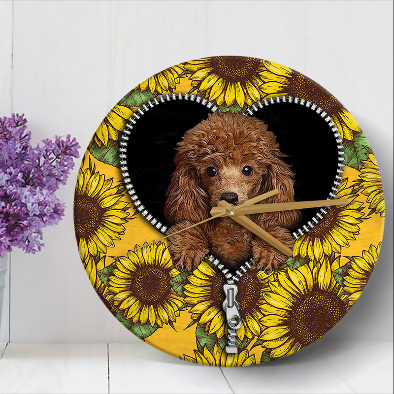 Cute Dog Poodle Sunflower Zipper Wood Wall Clock Nearkii