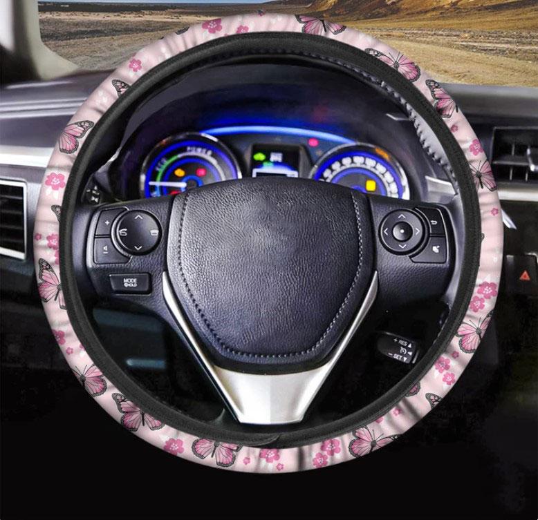 Pink Monarch Butterfly Pattern Print Car Steering Wheel Cover Nearkii