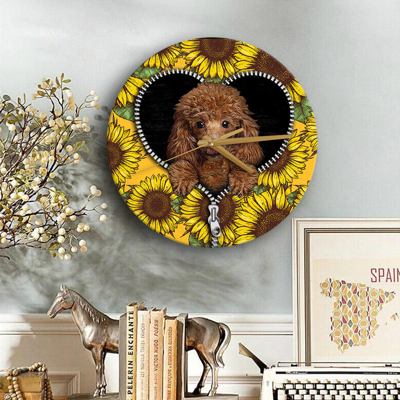 Cute Dog Poodle Sunflower Zipper Wood Wall Clock Nearkii