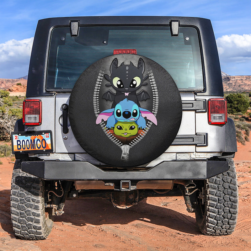 Toothless Baby Yoda Stitch Zipper Car Spare Tire Covers Gift For Campers Nearkii