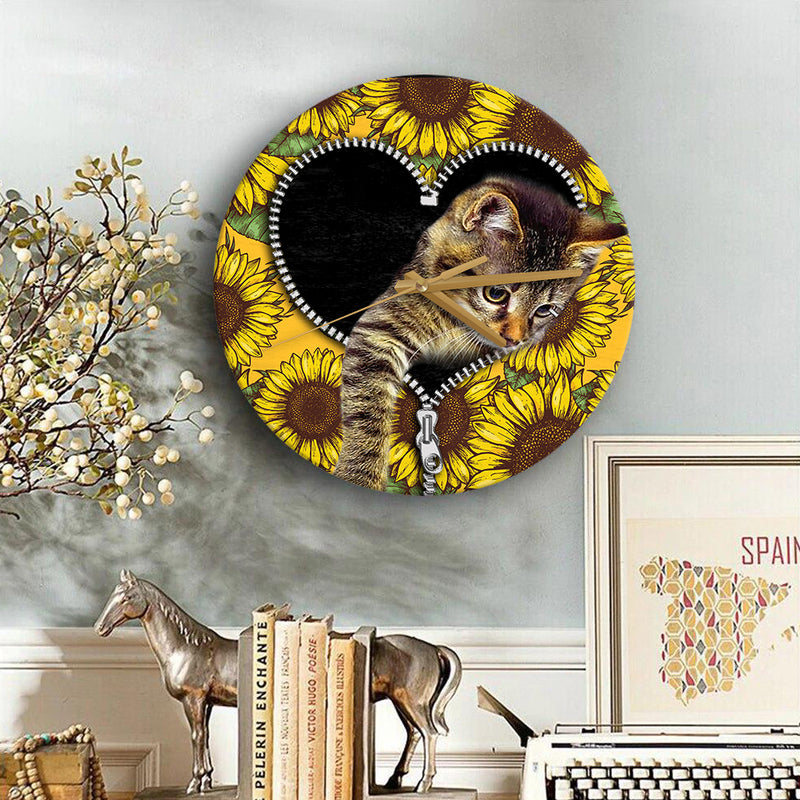 Cute Cat Sunflower Zipper Wood Wall Clock Nearkii