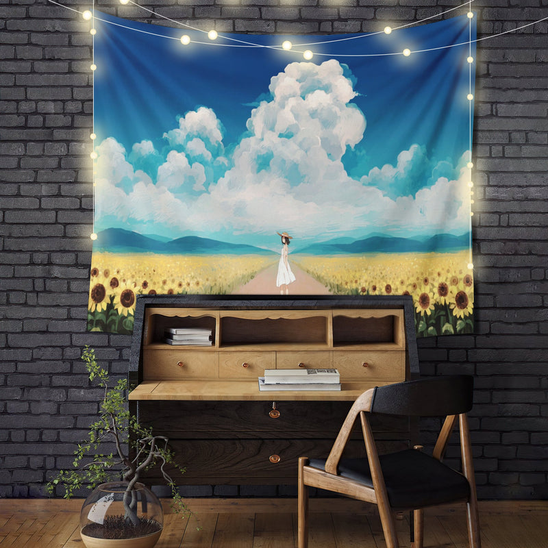 Anime Girl With Sunflower Tapestry Room Decor Nearkii