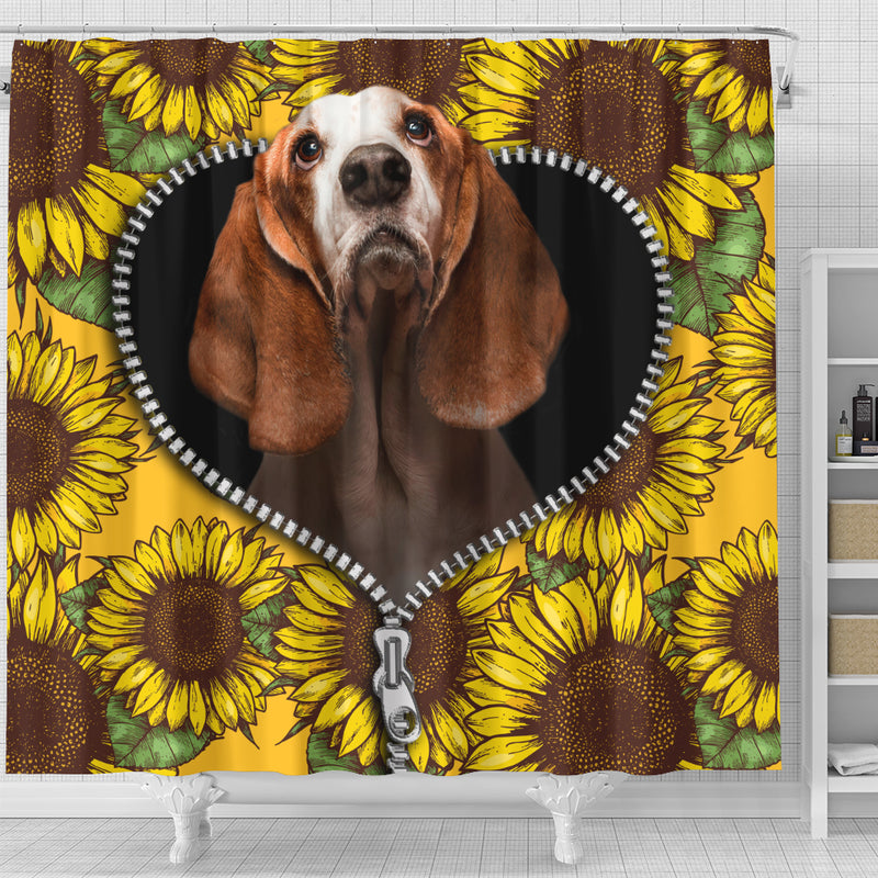 Basset Hound Sunflower Zipper Shower Curtain Nearkii