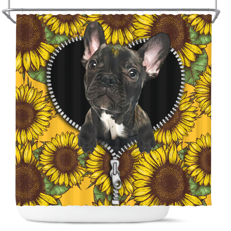 Black French Bulldog Sunflower Zipper Shower Curtain