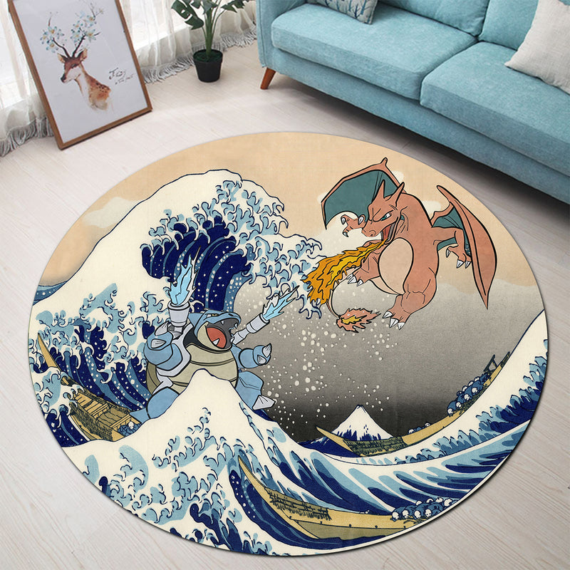 Blastoise Charizard The Great Wave Japan Pokemon Round Carpet Rug Bedroom Livingroom Home Decor