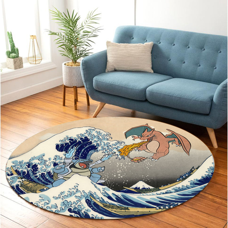 Blastoise Charizard The Great Wave Japan Pokemon Round Carpet Rug Bedroom Livingroom Home Decor