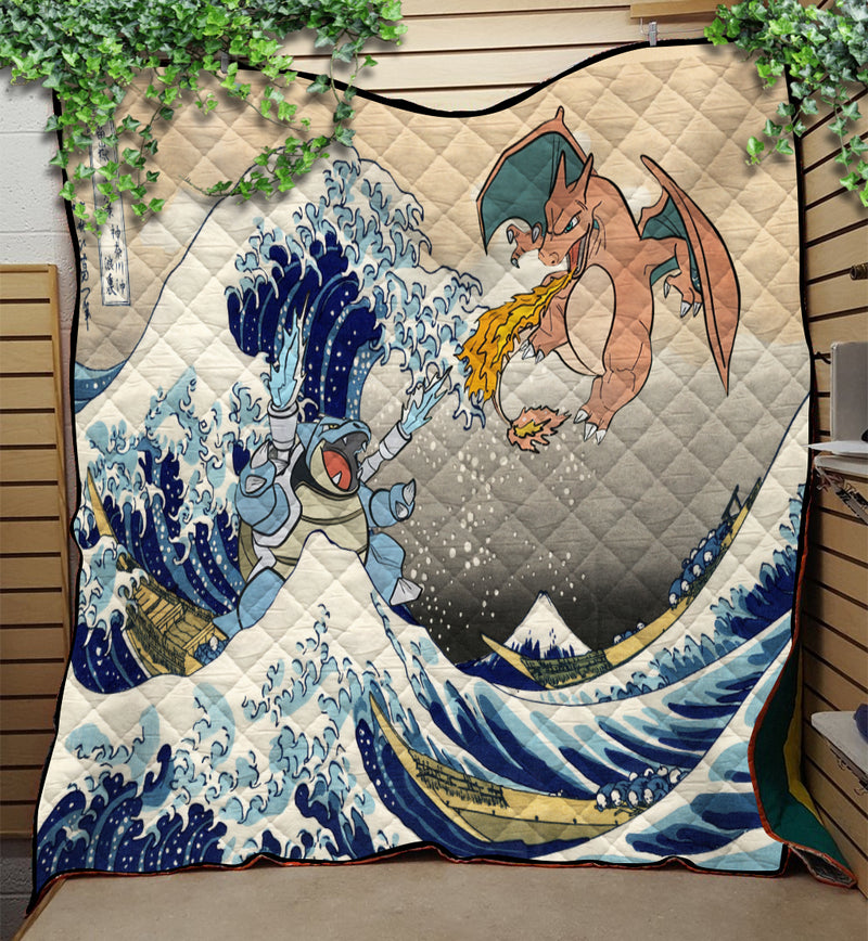 Blastoise Charizard The Great Wave Japan Pokemon Quilt Blanket