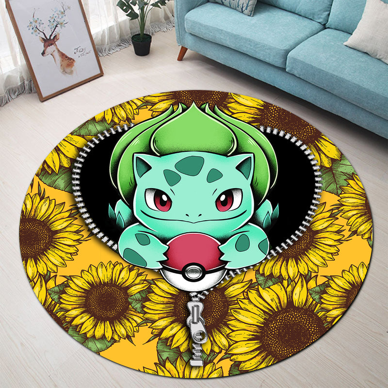 Bulbasaur Pokemon Sunflower Zipper Round Carpet Rug Bedroom Livingroom Home Decor Nearkii