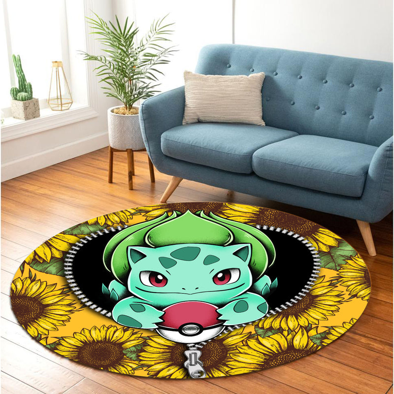 Bulbasaur Pokemon Sunflower Zipper Round Carpet Rug Bedroom Livingroom Home Decor Nearkii