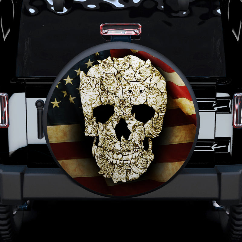 Cat Skulls, American Flag Car Spare Tire Cover Gift For Campers Nearkii