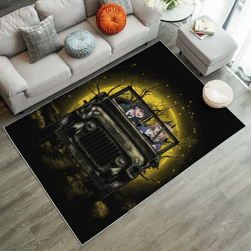 Chainsaw Man Ride Jeep Funny Anime Moonlight Halloween Rug Carpet Rug Home Room Decor Nearkii