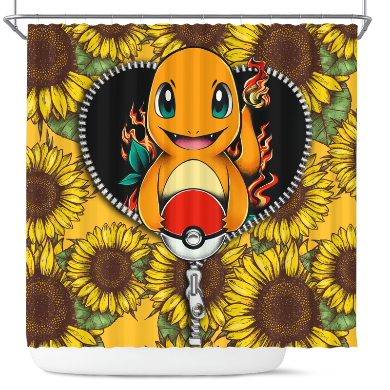 Charmander Sunflower Zipper Shower Curtain