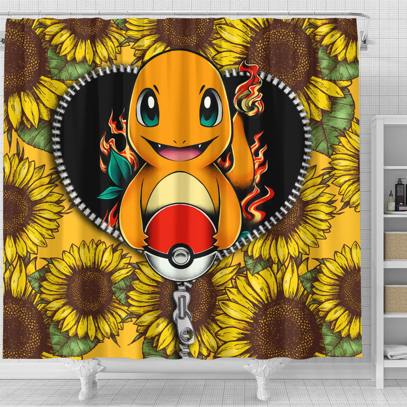 Charmander Sunflower Zipper Shower Curtain
