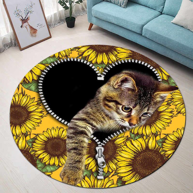 Cute Cat Sunflower Zipper Round Carpet Rug Bedroom Livingroom Home Decor Nearkii