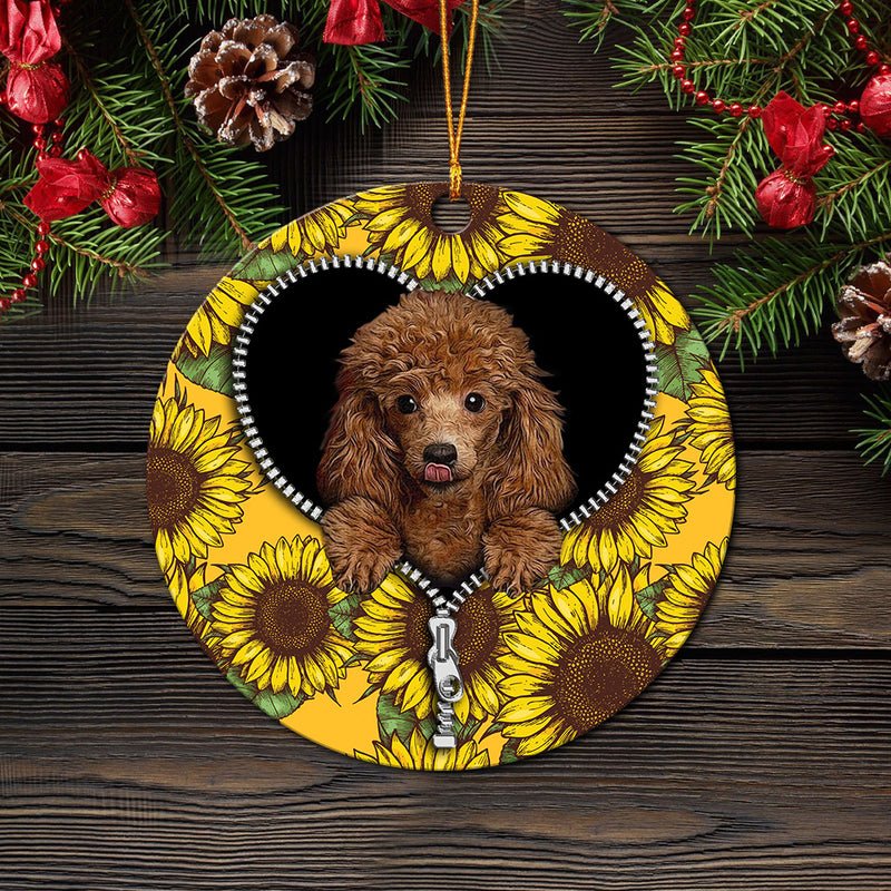 Cute Dog Poodle Sunflower Zipper Mica Circle Ornament Perfect Gift For Holiday Nearkii
