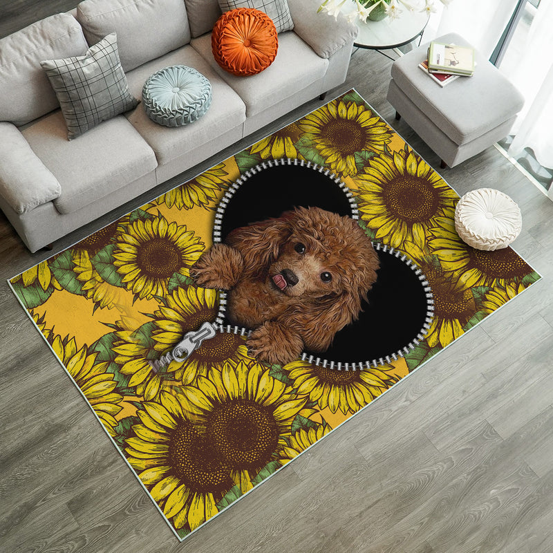 Cute Dog Poodle Sunflower Zipper Rug Carpet Rug Home Room Decor Nearkii