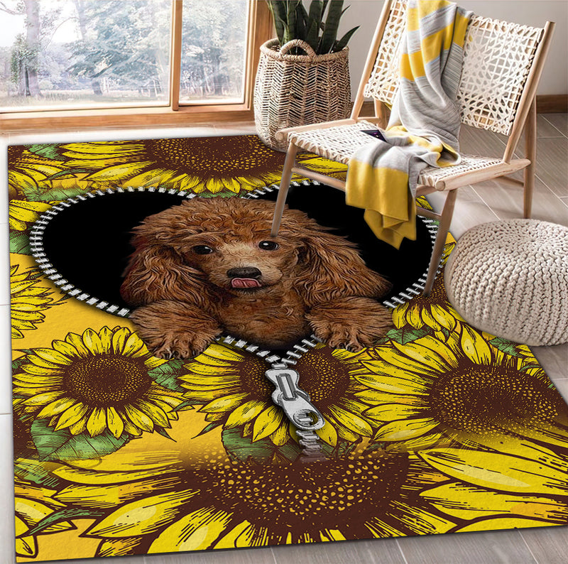Cute Dog Poodle Sunflower Zipper Rug Carpet Rug Home Room Decor Nearkii