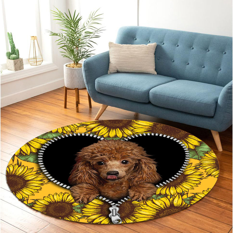 Cute Dog Poodle Sunflower Zipper Round Carpet Rug Bedroom Livingroom Home Decor Nearkii