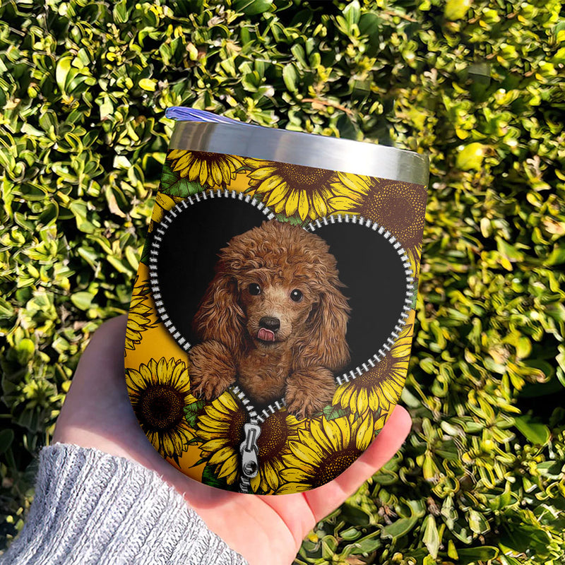 Cute Dog Poodle Sunflower Zipper Wine Tumbler Nearkii