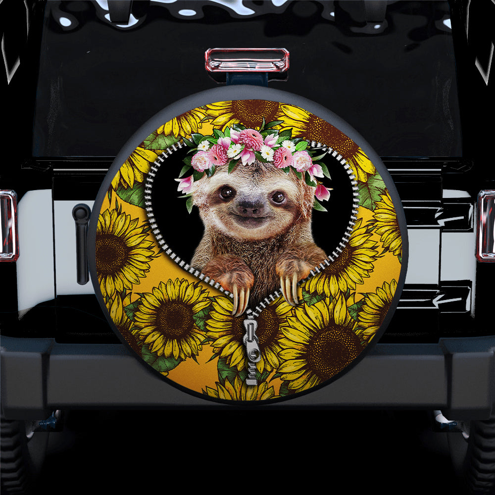 Cute Sloth Sunflower Zipper Jeep Car Spare Tire Covers Gift For Camper