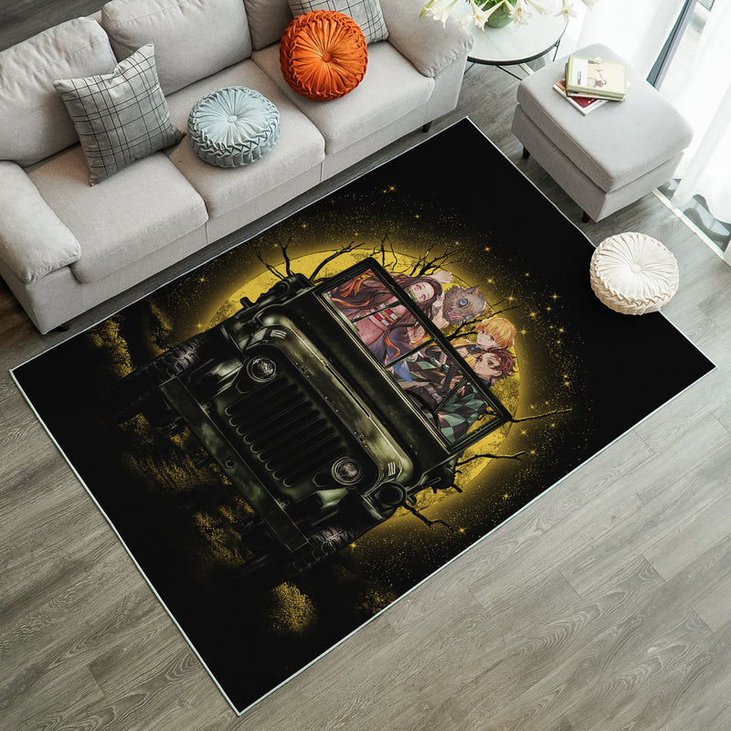 Demon Slayer Ride Jeep Funny Anime Moonlight Halloween Rug Carpet Rug Home Room Decor Nearkii