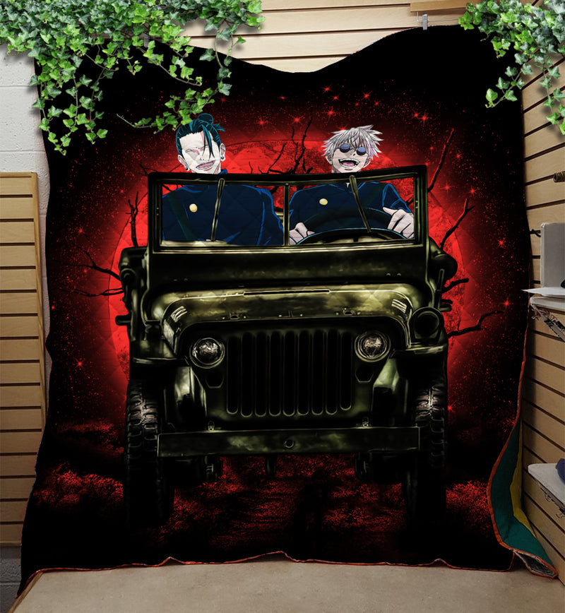 Gojo Geto Jujutsu Kaisen Ride Jeep Funny Moonlight Halloween Quilt Blanket Nearkii